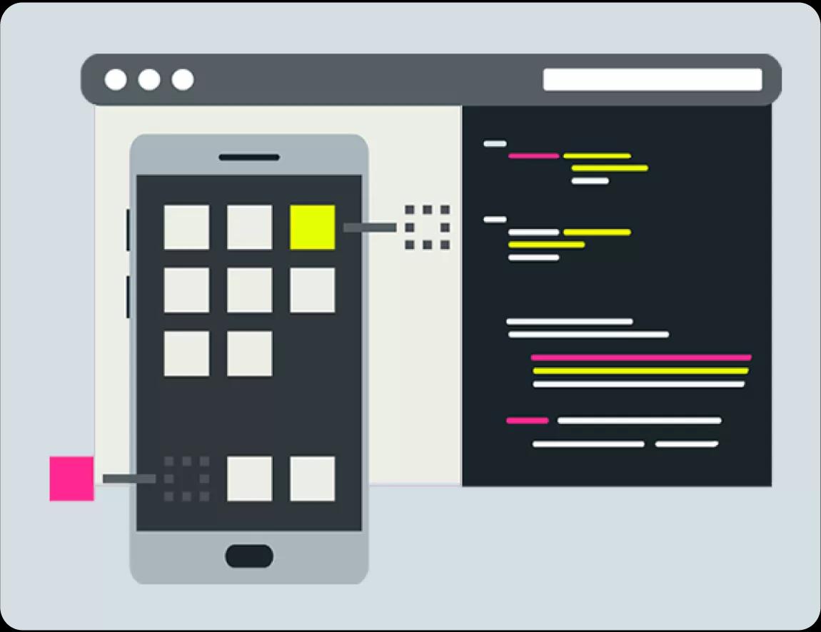An illustration of a smartphone and computer screen showing lines of code.
