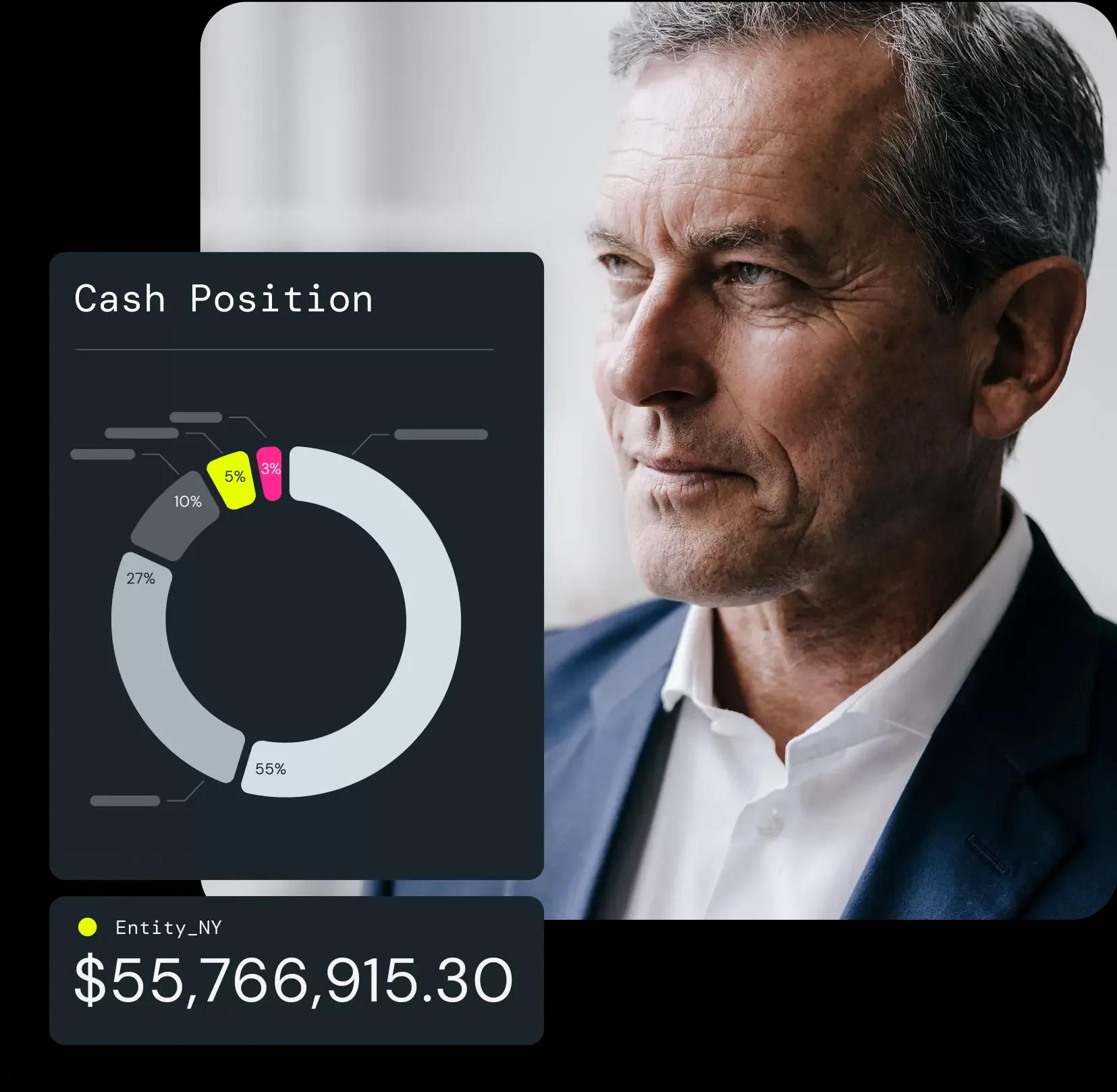 Financial data displayed on tablet screen showing cash position