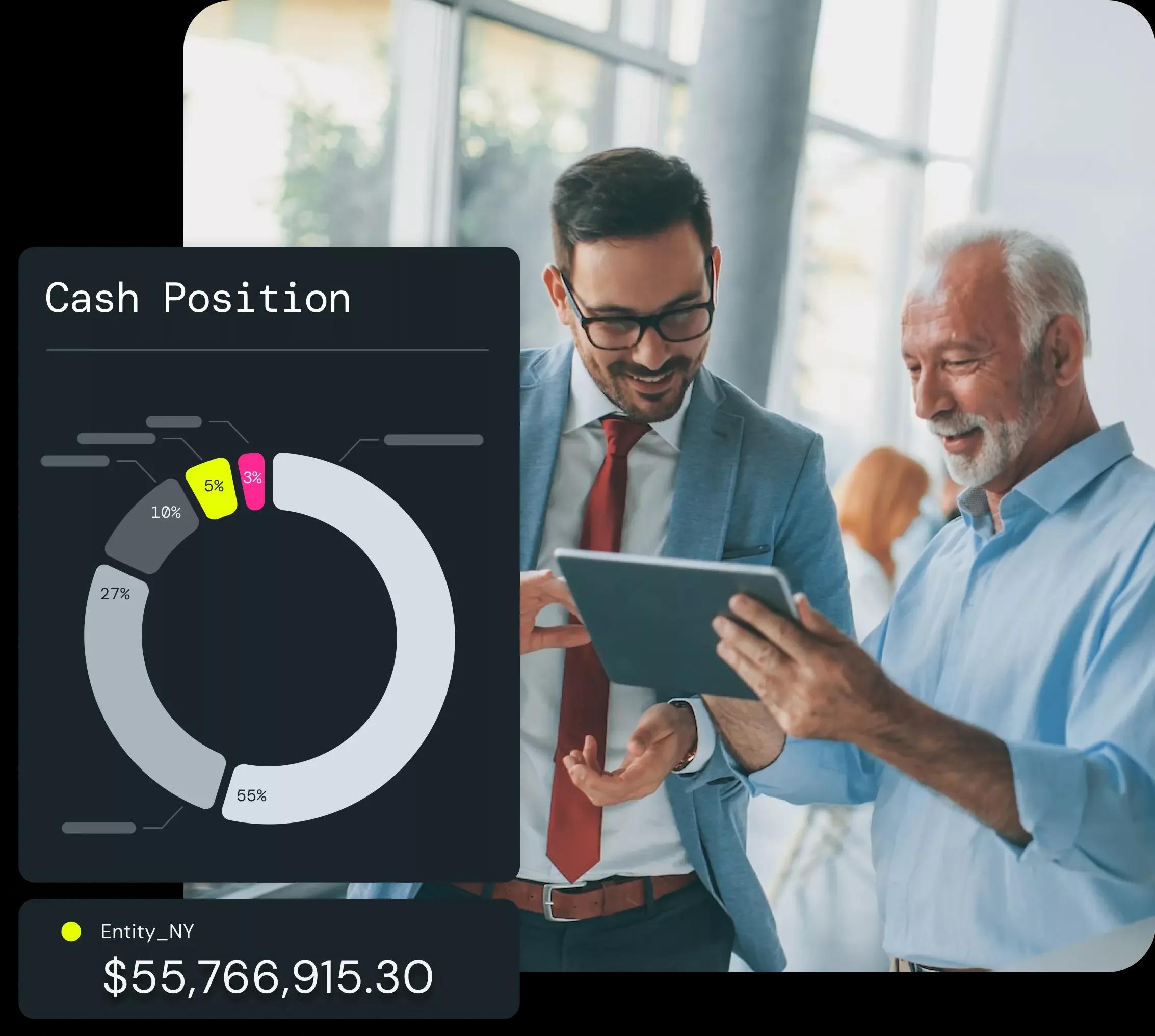Financial data displayed on tablet screen showing cash position