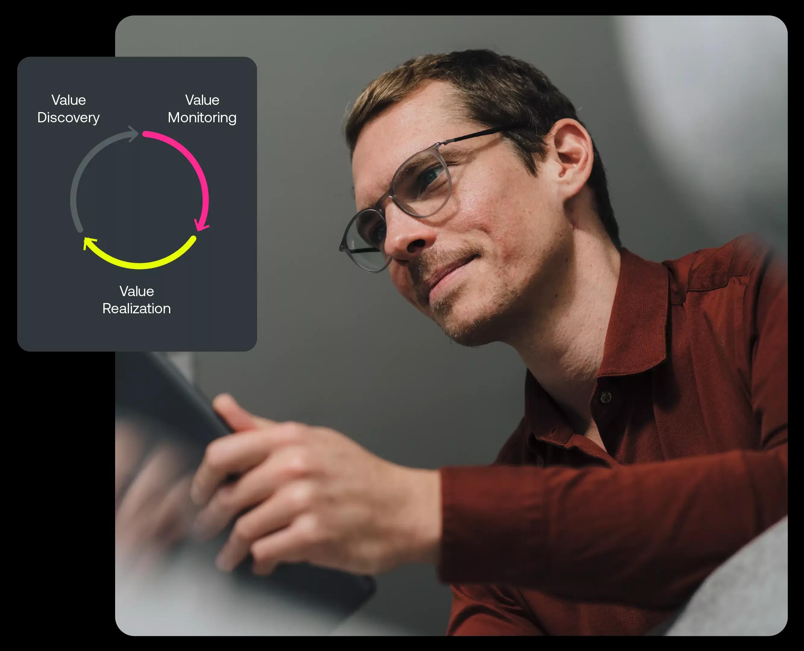Man on laptop with value engineering chart